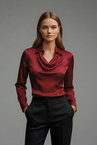 Women's Satin Blouse with Draped Collar and Long Sleeves Side
