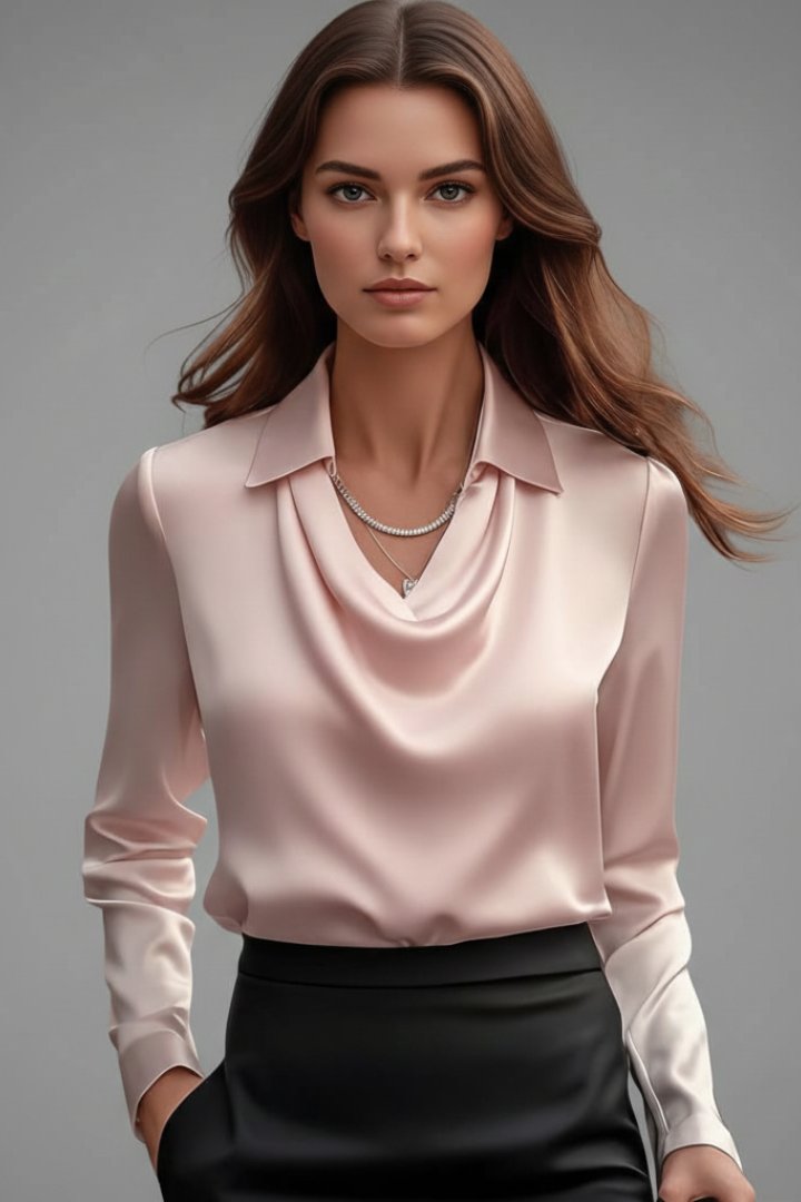 Women's Satin Blouse with Draped Collar and Long Sleeves View 11
