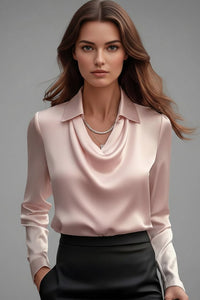 Women's Satin Blouse with Draped Collar and Long Sleeves View 11
