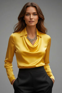 Women's Satin Blouse with Draped Collar and Long Sleeves View 12
