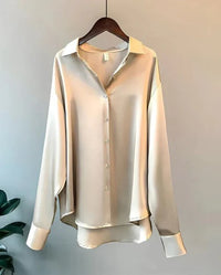 Women's Satin Long Sleeve Collared Blouse with Button Front Back