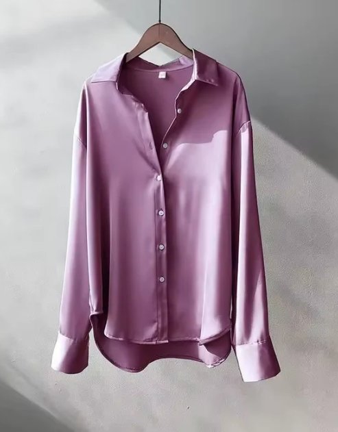 Women's Satin Long Sleeve Collared Blouse with Button Front Close Up
