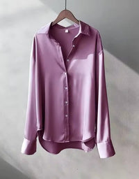 Women's Satin Long Sleeve Collared Blouse with Button Front Close Up