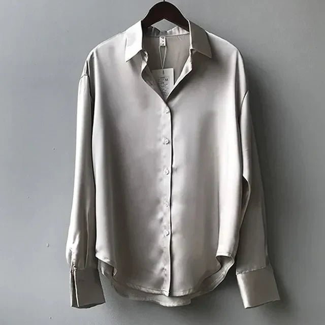 Women's Satin Long Sleeve Collared Blouse with Button Front Detail