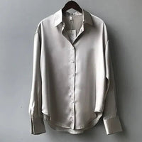 Women's Satin Long Sleeve Collared Blouse with Button Front Detail