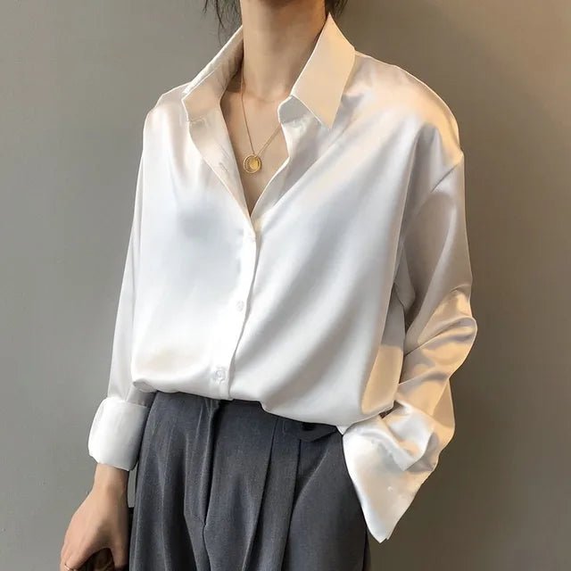 Women's Satin Long Sleeve Collared Blouse with Button Front Front