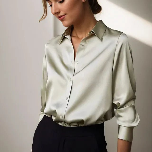 Women's Satin Long Sleeve Collared Blouse with Button Front Hero
