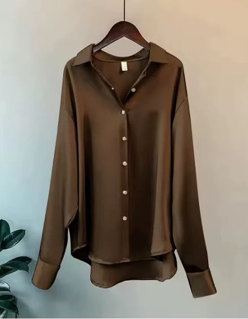 Women's Satin Long Sleeve Collared Blouse with Button Front Lifestyle