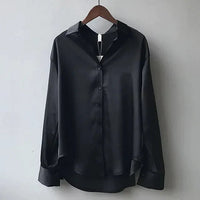 Women's Satin Long Sleeve Collared Blouse with Button Front Side