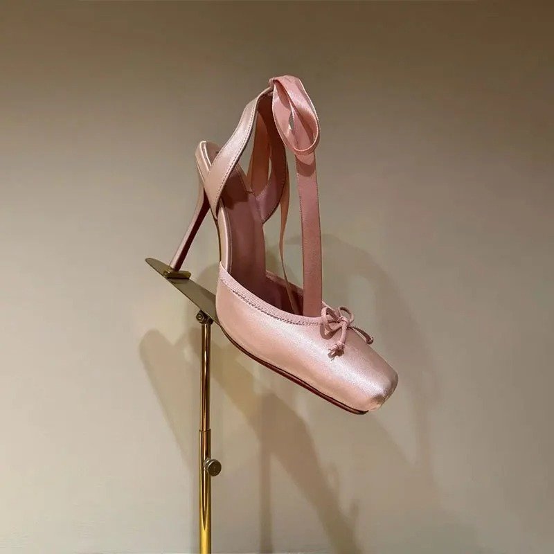 Women's Satin Platform Court Shoes | Ankle Strap with Bow Detail Angle