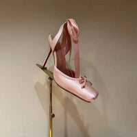 Women's Satin Platform Court Shoes | Ankle Strap with Bow Detail Angle