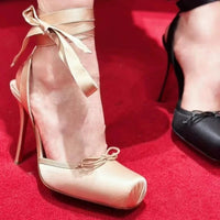 Women's Satin Platform Court Shoes | Ankle Strap with Bow Detail Close Up
