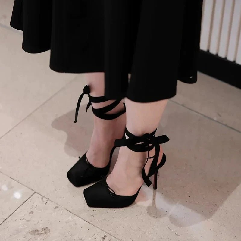 Women's Satin Platform Court Shoes | Ankle Strap with Bow Detail Side