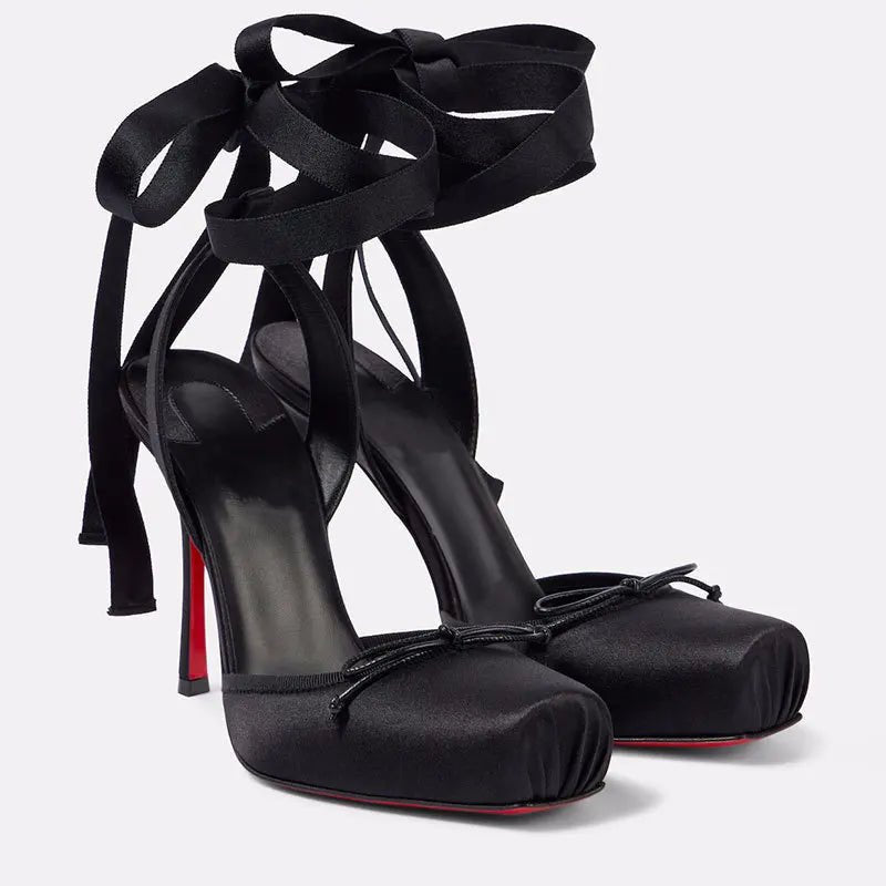 Women's Satin Platform Court Shoes | Ankle Strap with Bow Detail View 11