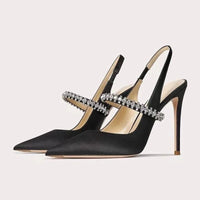 Women's Satin Slingback Heels | Pointed Toe with Crystal Strap Detail
