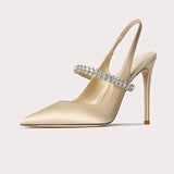 Women's Satin Slingback Heels | Pointed Toe with Crystal Strap