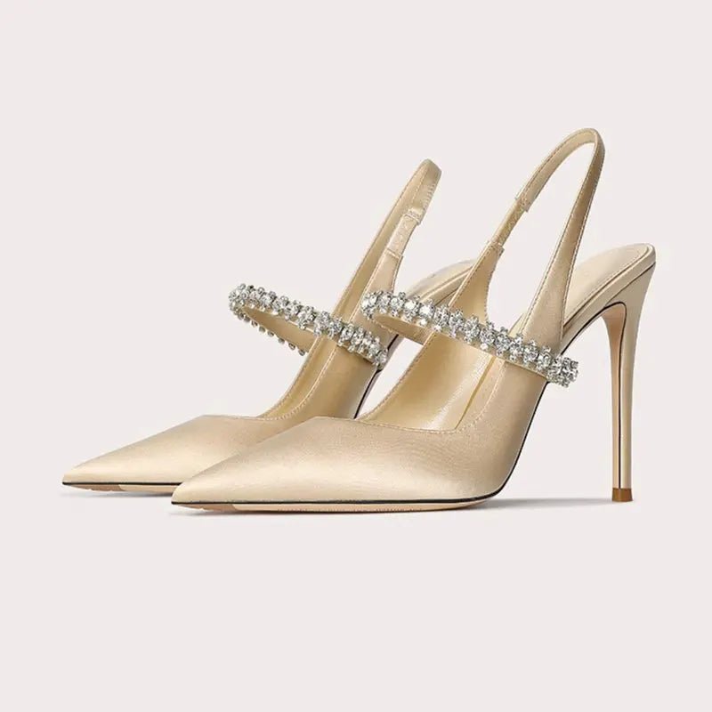 Women's Satin Slingback Heels | Pointed Toe with Crystal Strap Hero