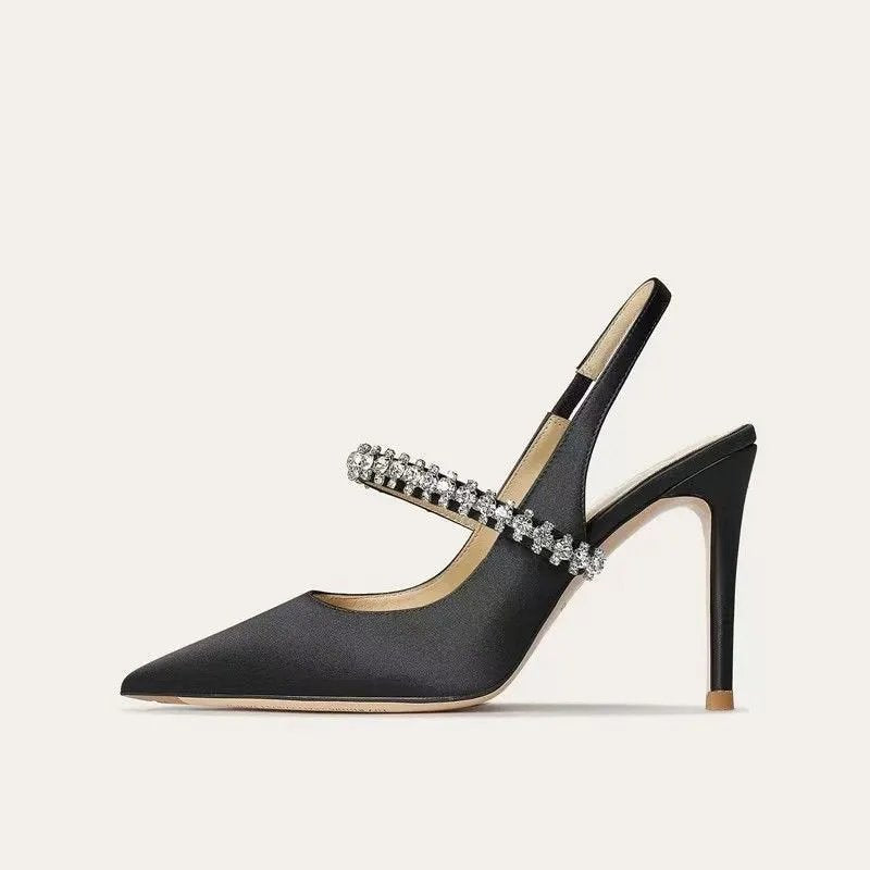 Women's Satin Slingback Heels | Pointed Toe with Crystal Strap Lifestyle