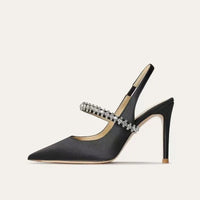 Women's Satin Slingback Heels | Pointed Toe with Crystal Strap Lifestyle