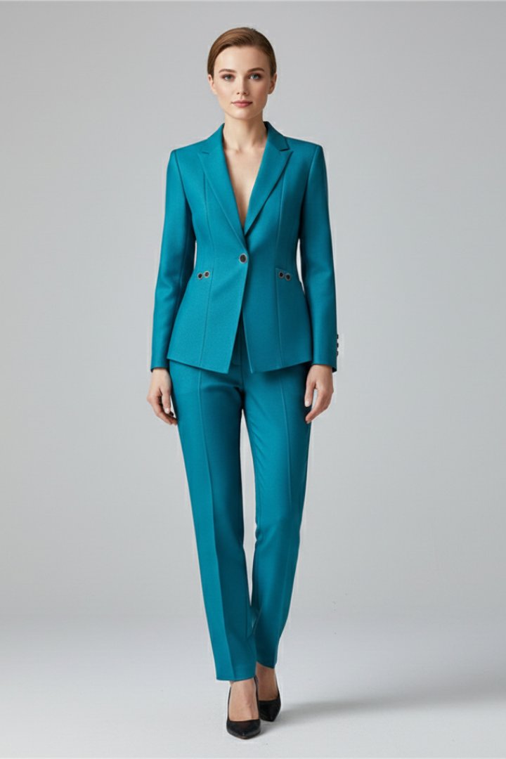 Women's Single Button Blazer Set with Straight Trousers Close Up