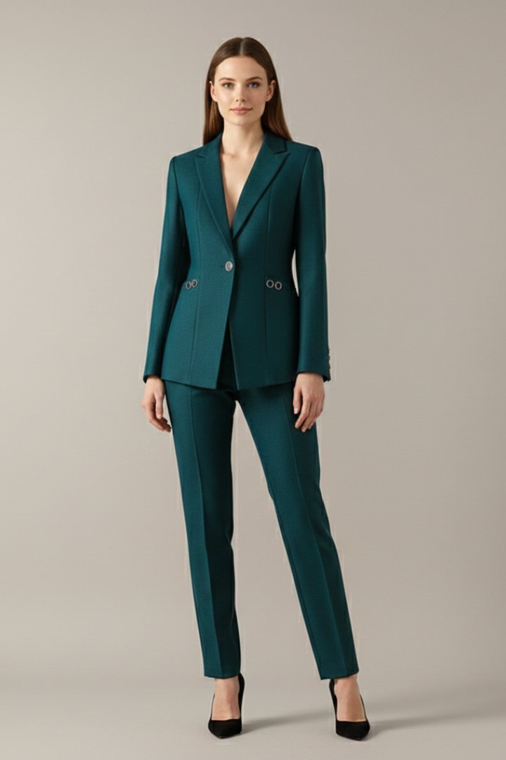 Women's Single Button Blazer Set with Straight Trousers Front