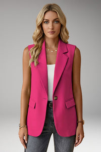 Women's Sleeveless Blazer with Notch Collar and Flap Pockets Close Up