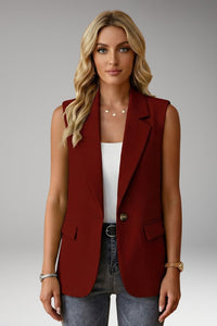 Women's Sleeveless Blazer with Notch Collar and Flap Pockets Detail