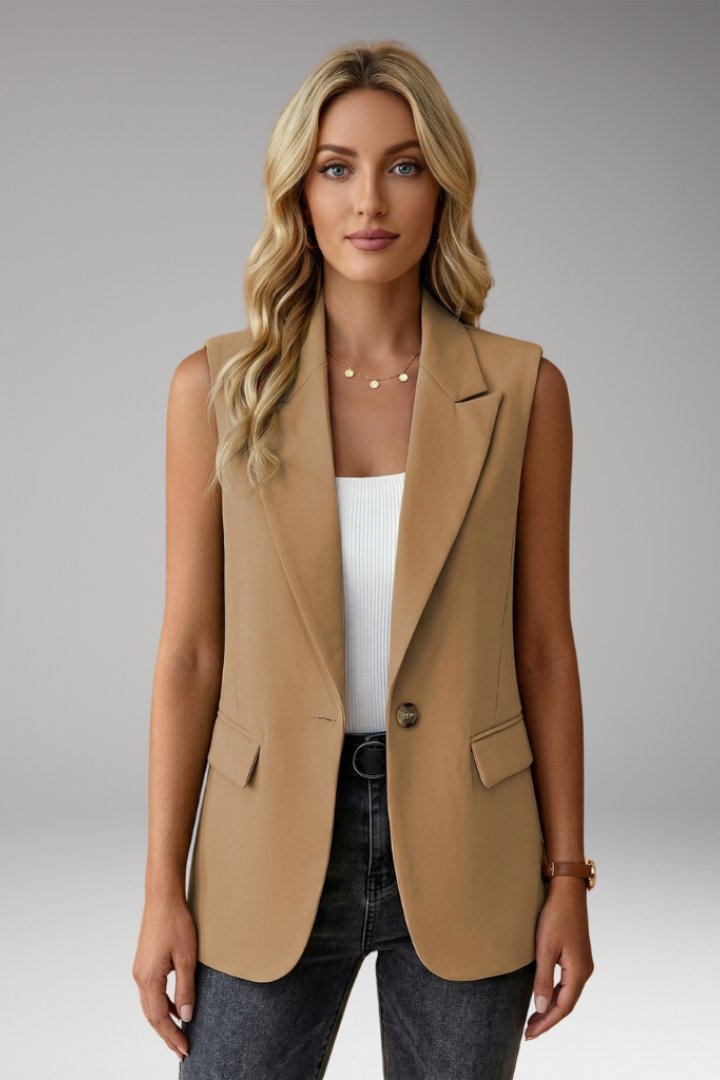 Women's Sleeveless Blazer with Notch Collar and Flap Pockets Full