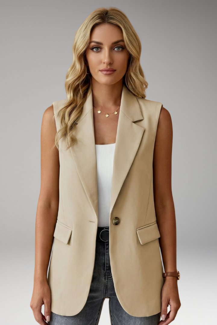 Women's Sleeveless Blazer with Notch Collar and Flap Pockets Side