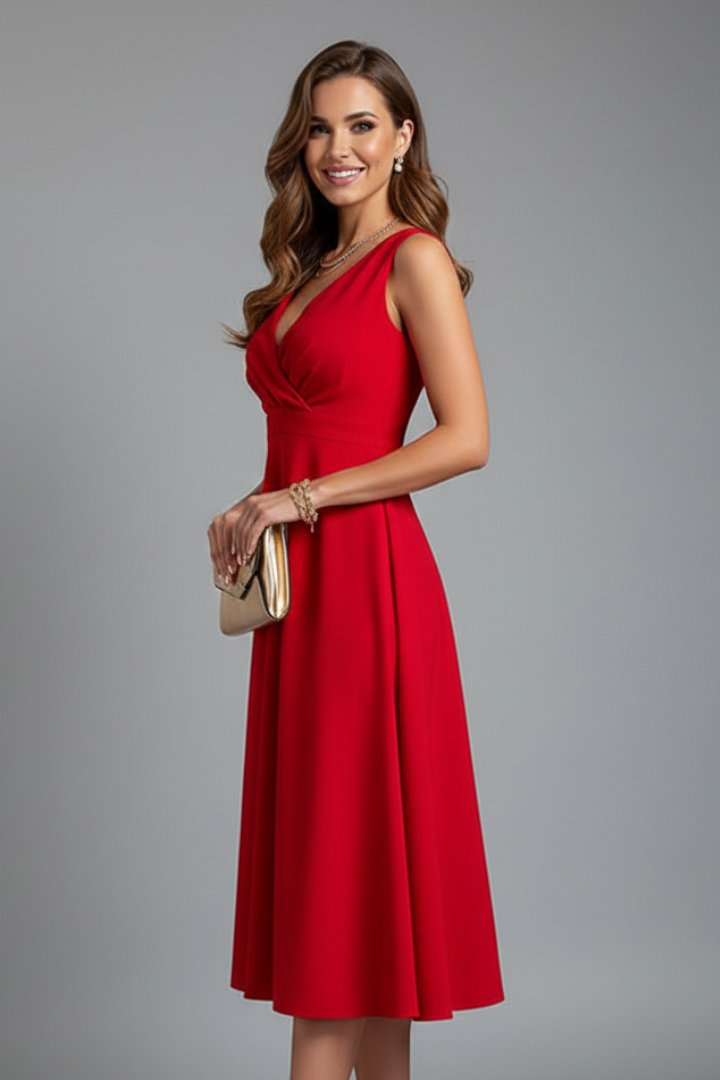 Women's Sleeveless V-Neck Midi Dress with Back Zip Close Up