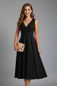 Women's Sleeveless V-Neck Midi Dress with Back Zip Side