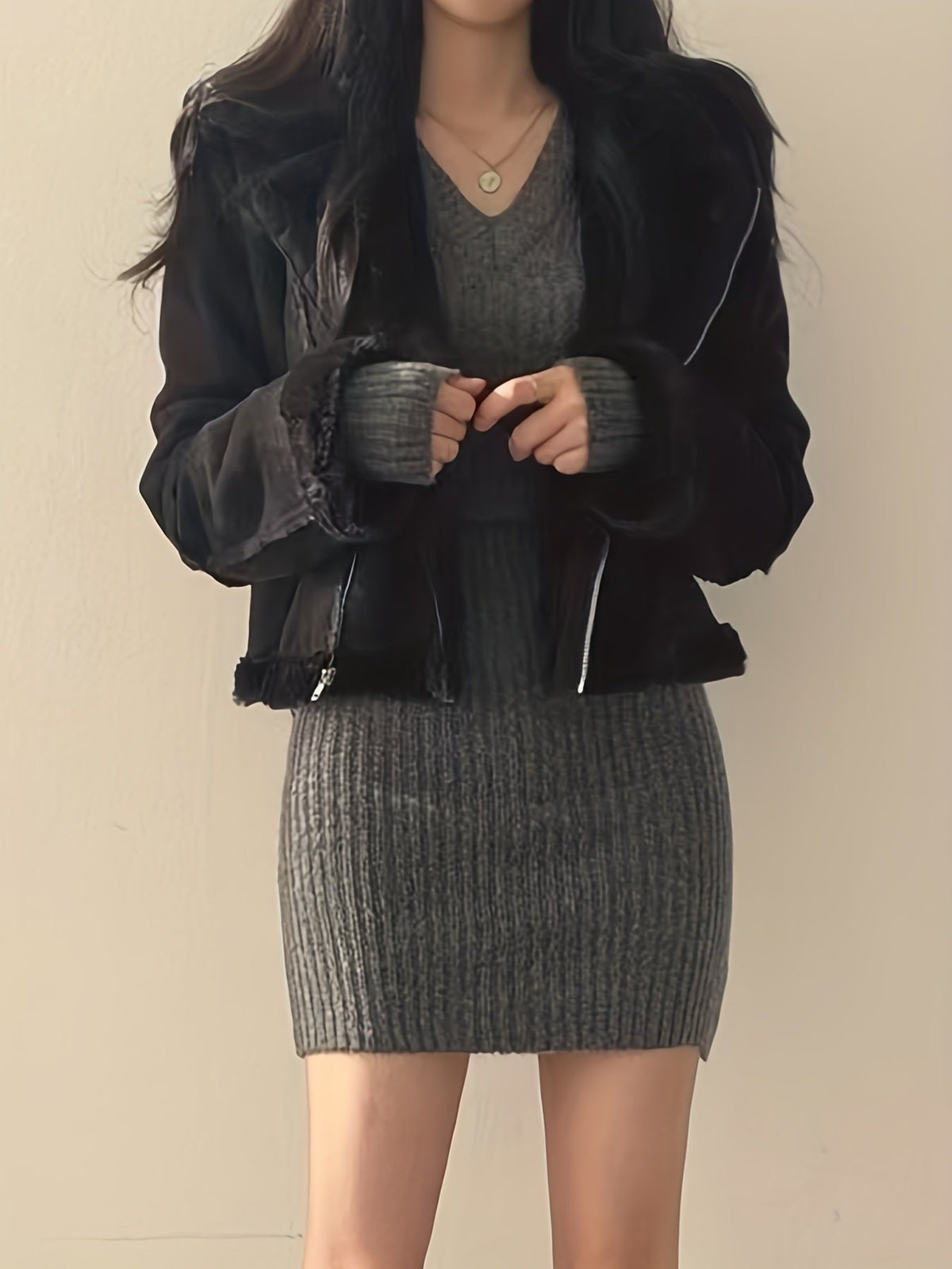 Women's Slim Fit Ribbed V Neck Dress Back