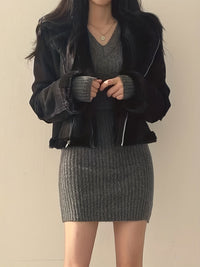 Women's Slim Fit Ribbed V Neck Dress Back