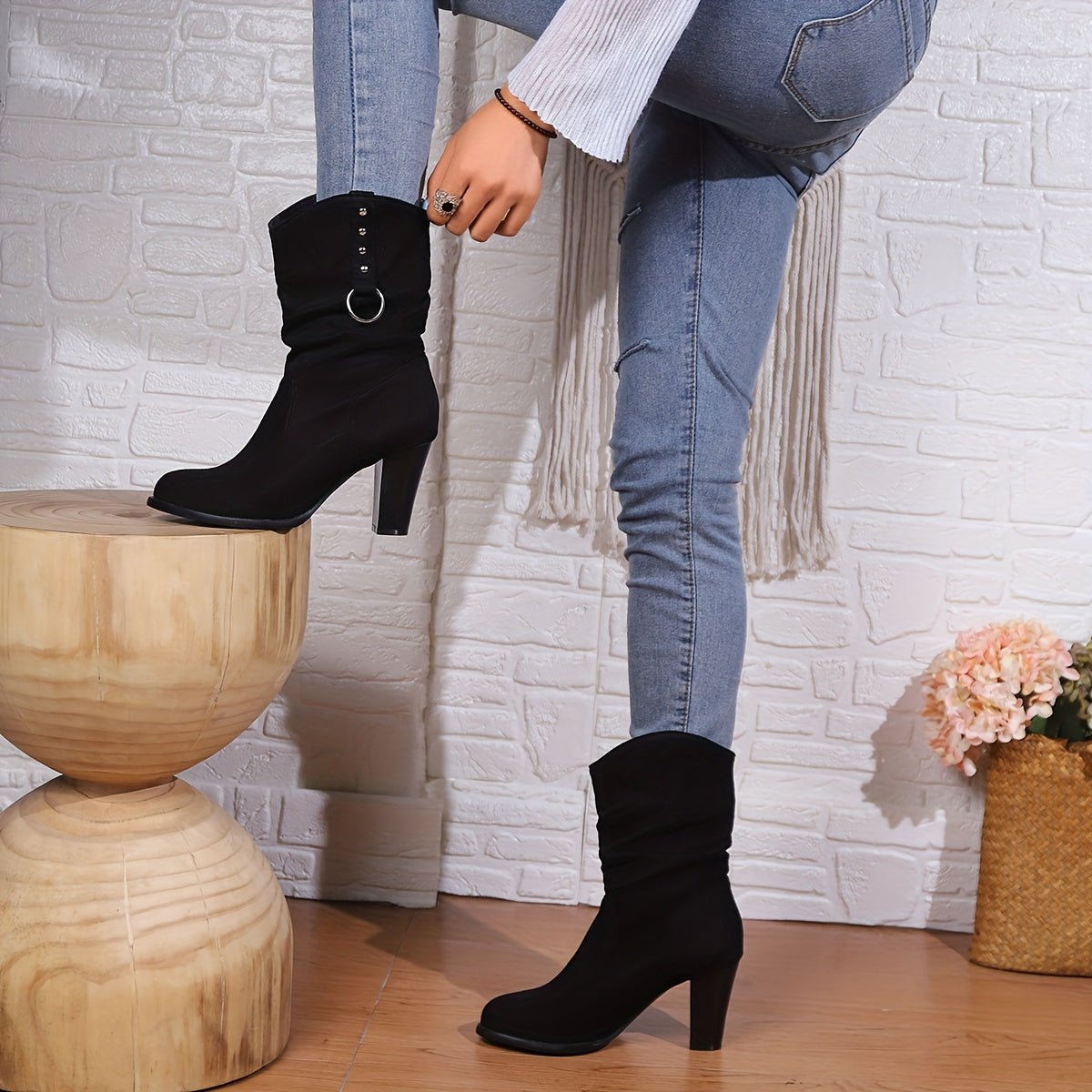 Women's Slouchy Heeled Boots with Block Heel Close Up