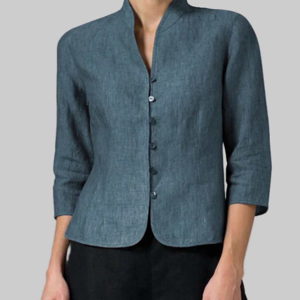 Women's Stand Collar Blouse with Three Quarter Sleeves Detail