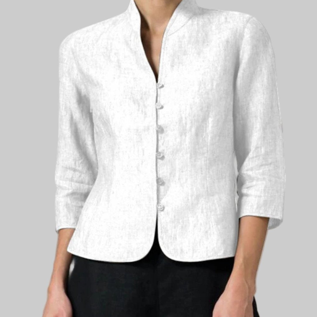Women's Stand Collar Blouse with Three Quarter Sleeves Side