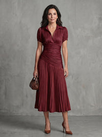 Women's Stripe Pleated Waistline Midi Dress with Collared Neckline Back