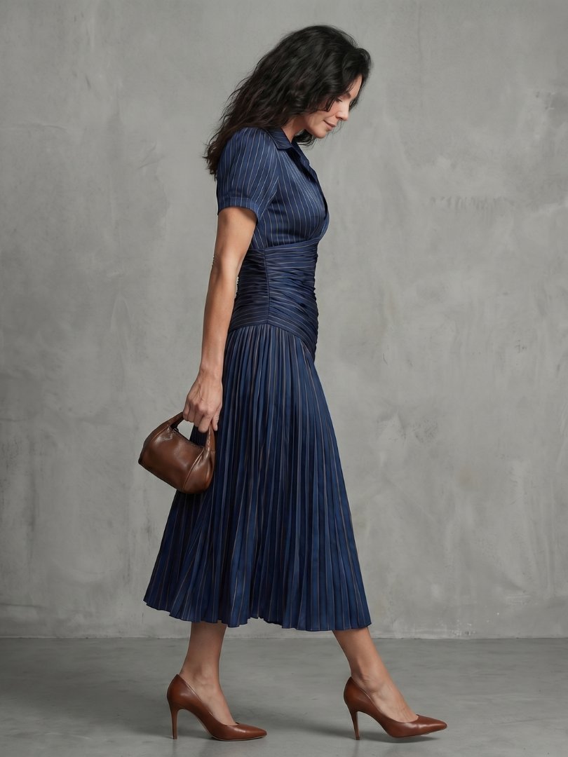 Women's Stripe Pleated Waistline Midi Dress with Collared Neckline Detail