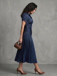 Women's Stripe Pleated Waistline Midi Dress with Collared Neckline Detail