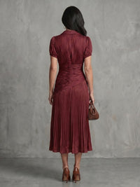 Women's Stripe Pleated Waistline Midi Dress with Collared Neckline Full