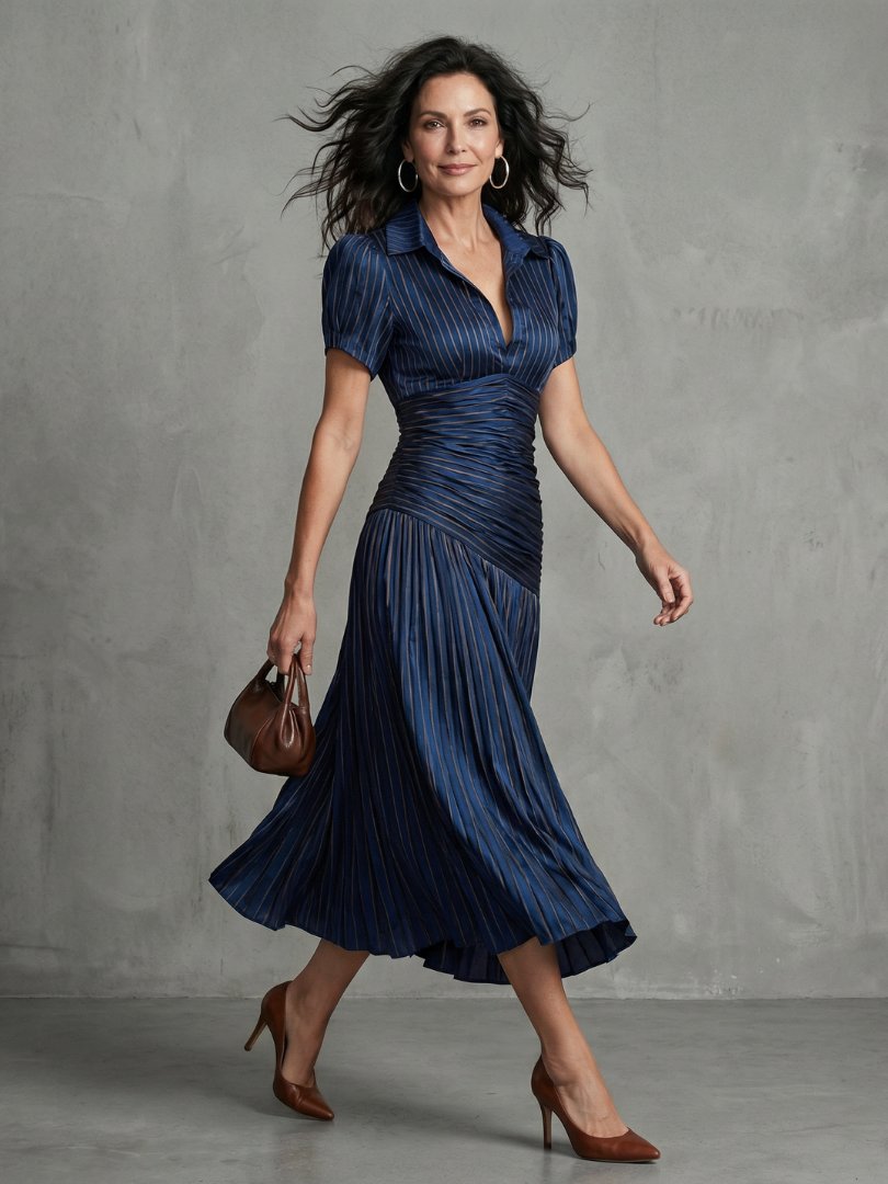 Women's Stripe Pleated Waistline Midi Dress with Collared Neckline Hero