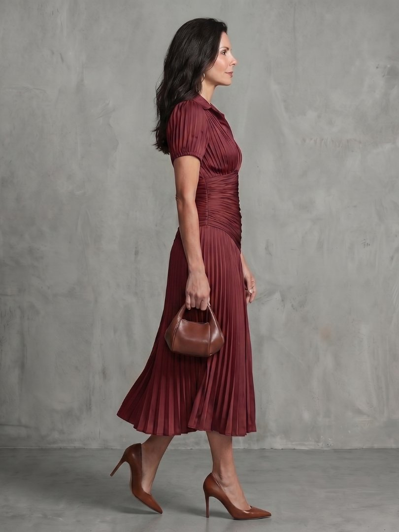 Women's Stripe Pleated Waistline Midi Dress with Collared Neckline Lifestyle