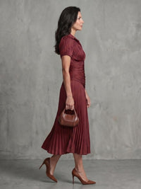Women's Stripe Pleated Waistline Midi Dress with Collared Neckline Lifestyle