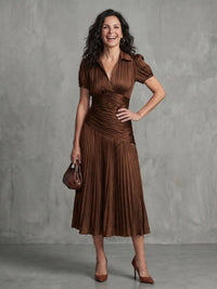 Women's Stripe Pleated Waistline Midi Dress with Collared Neckline View 11