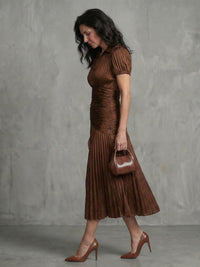 Women's Stripe Pleated Waistline Midi Dress with Collared Neckline View 12
