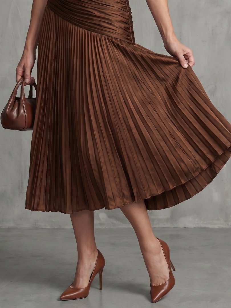 Women's Stripe Pleated Waistline Midi Dress with Collared Neckline View 13