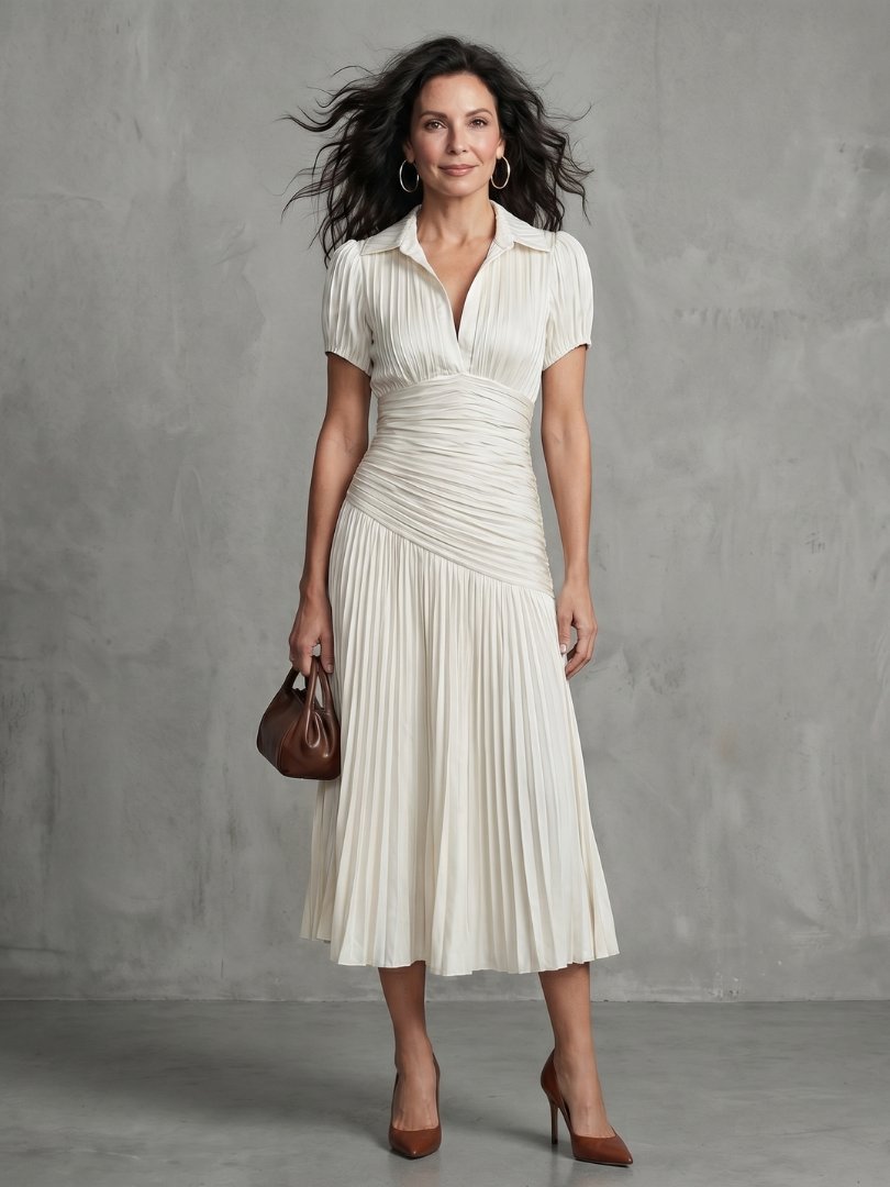 Women's Stripe Pleated Waistline Midi Dress with Collared Neckline View 15