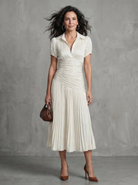 Women's Stripe Pleated Waistline Midi Dress with Collared Neckline View 15