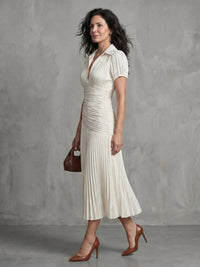 Women's Stripe Pleated Waistline Midi Dress with Collared Neckline View 16