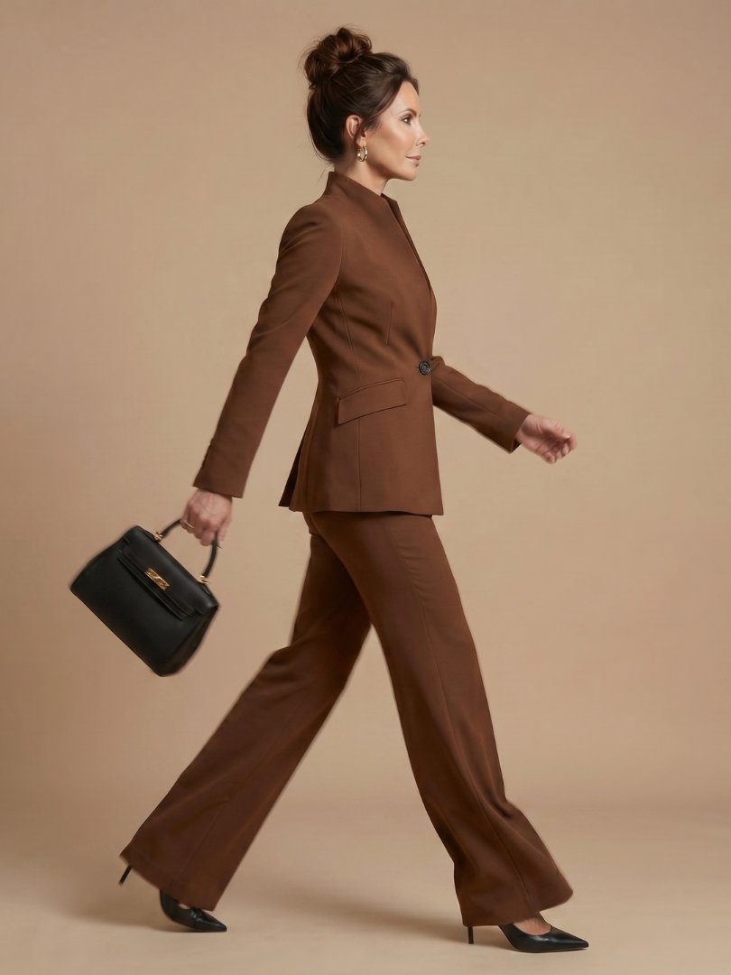 Women's Tailored Suit | Structured Stand Collar with Flared Trousers Angle